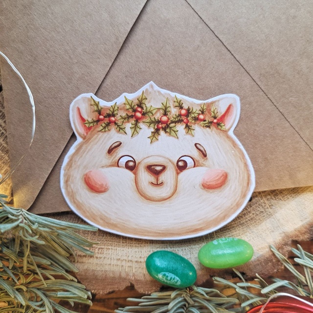 Sticker "Teddy bear in a wreath", Glossy self-adhesive paper