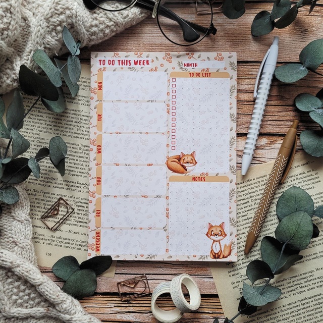 Weekly notebook with tear-off sheets "Little fox" made to order within 4-5 working days, Matte photo paper