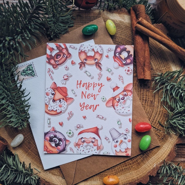 Postcard "New Year's donuts with an inscription white", Thick matte photo paper