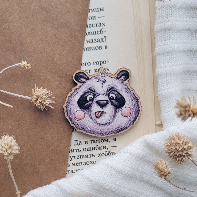 Badge " Panda with tongue", Wood