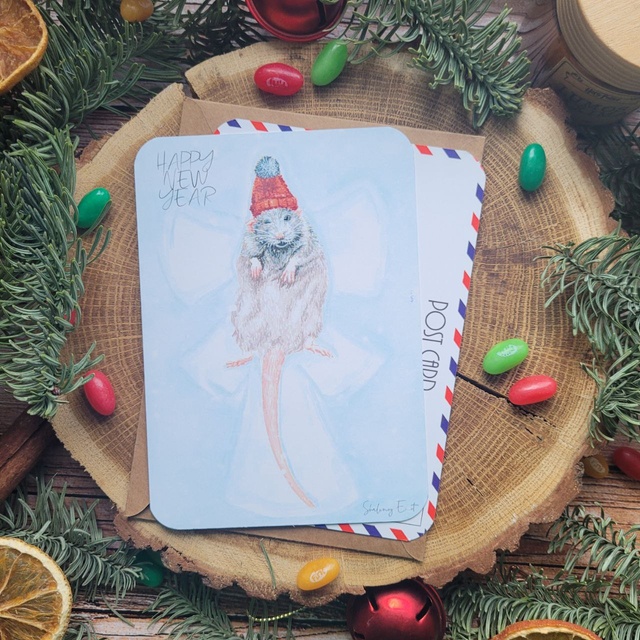 Postcard "Mouse snow angel", White matte designer cardboard