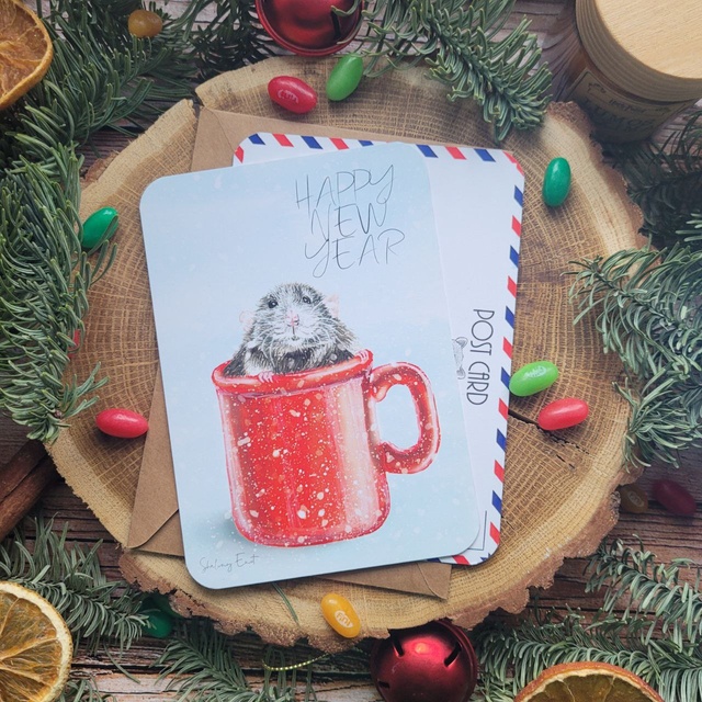 Postcard "A little mouse in a red cup", White matte designer cardboard