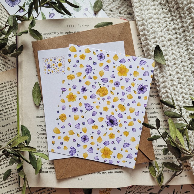 Postcard "Yellow-purple flowers", Thick matte photo paper