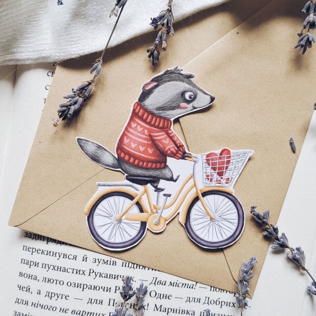 Sticker "A raccoon on a bicycle", Self-adhesive paper with matte lamination