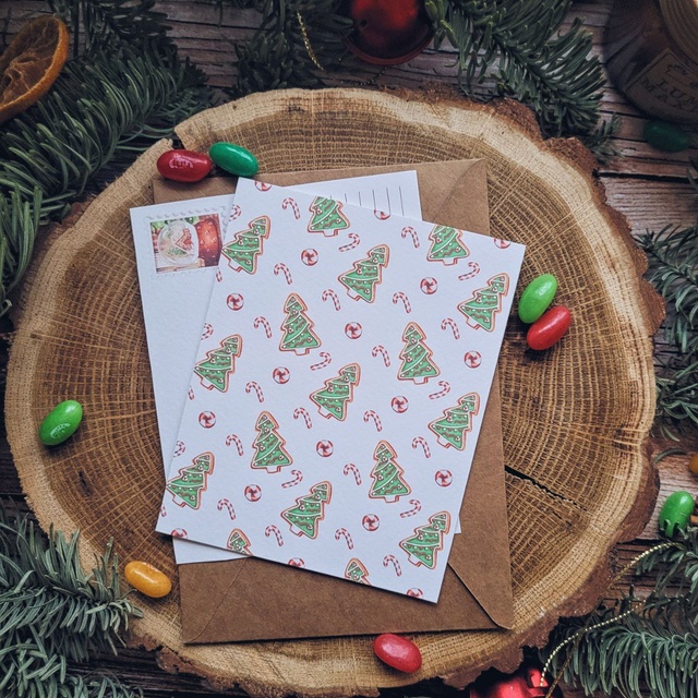 Postcard "Gingerbread tree pattern", Thick matte photo paper