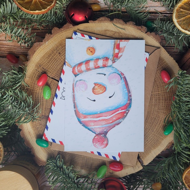 Postcard "Snowman", White matte designer cardboard