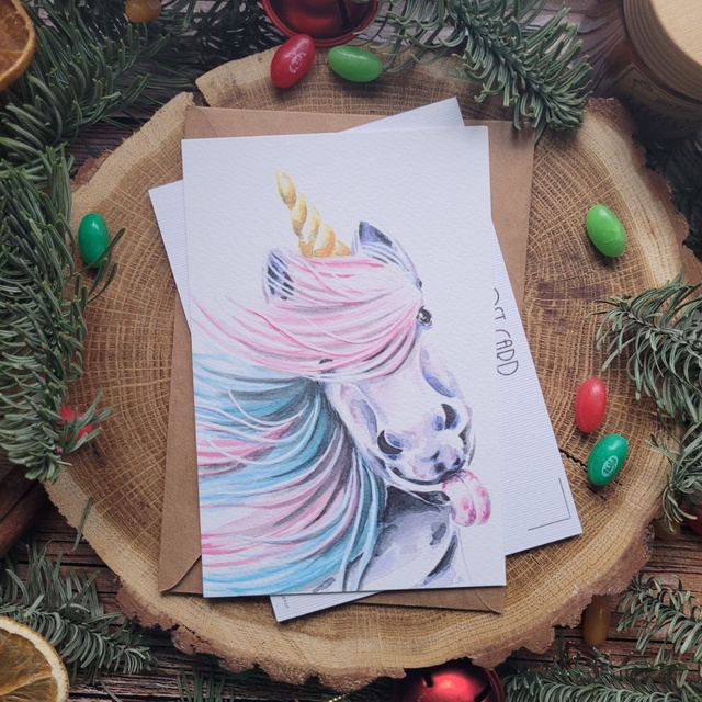 Postcard "A unicorn with a tongue", Designer cardboard (texture resembles watercolor paper)