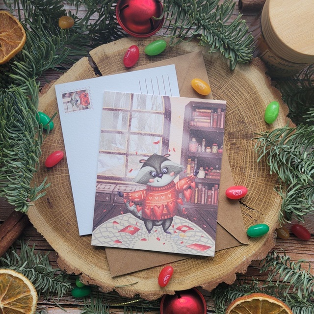 Postcard "A raccoon with a garland", Thick matte photo paper