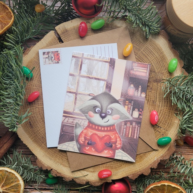 Postcard "Raccoon with a heart", Thick matte photo paper
