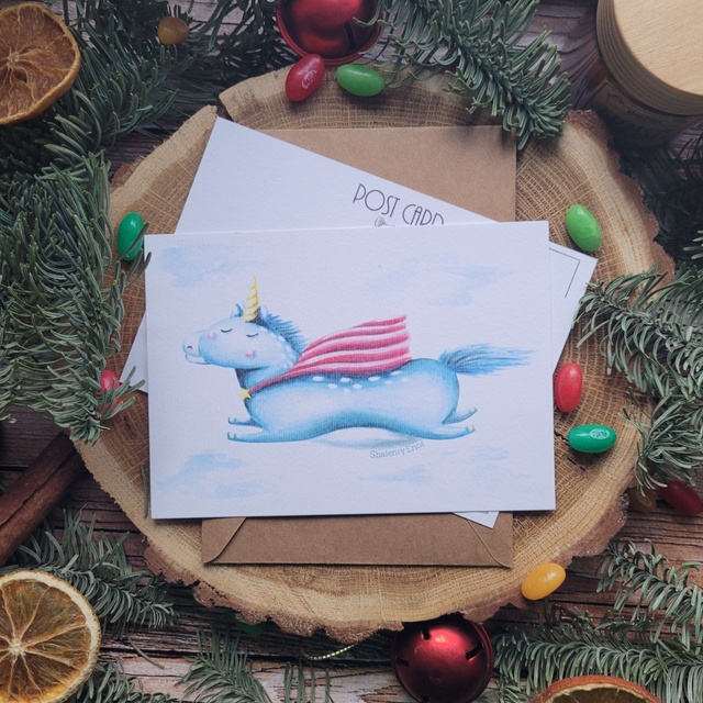 Postcard "Unicorn superhero", Designer cardboard (texture resembles watercolor paper)