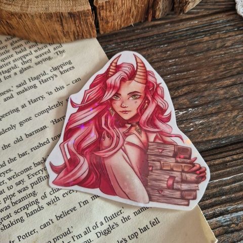Стікери голографічний "Дівчина дракон зкнижками 2", Плівка з голографічною ламінацією