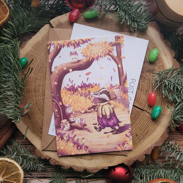 Card "Lumberjack badger", Designer cardboard (texture resembles watercolor paper)