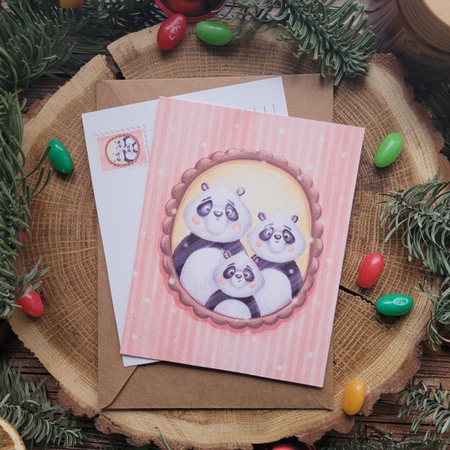 Postcard "Panda family portrait", Thick matte photo paper