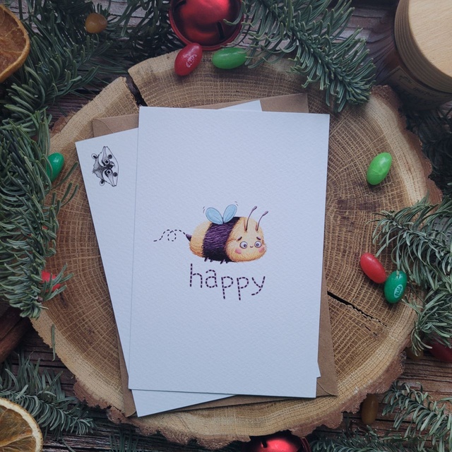 Postcard "Happy bee", Designer cardboard (texture resembles watercolor paper)