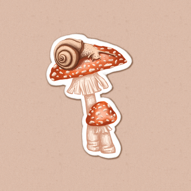 Sticker "A snail on a fly agaric", Self-adhesive paper with glossy lamination