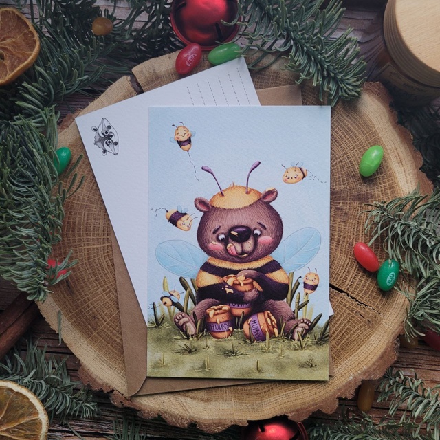 Postcard "Friend of bees", Designer cardboard (texture resembles watercolor paper)