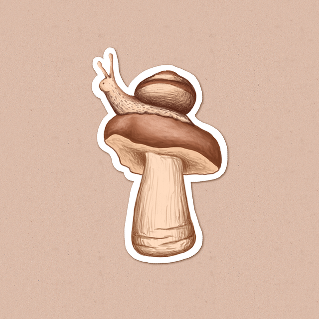 Sticker "A snail on a white mushroom", Self-adhesive paper with glossy lamination