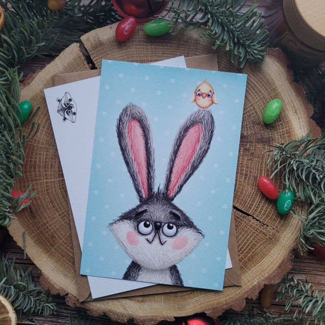 Postcard "Rabbit", Designer cardboard (texture resembles watercolor paper)