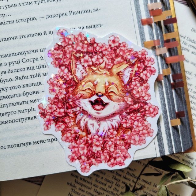 Stickers holographic "Little Fox in sakura", Film with holographic lamination