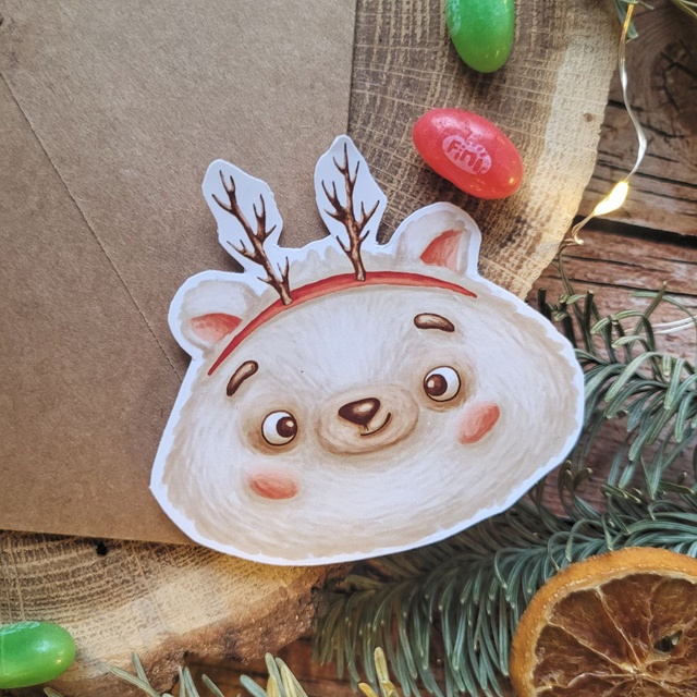 Sticker "Teddy bear with deer antlers", Glossy self-adhesive paper